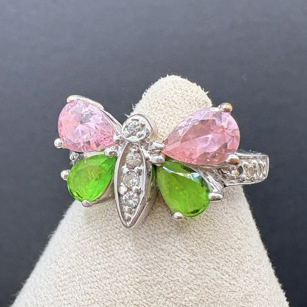 Vintage Kirks Folly Butterfly Ring Pink Green Crystals Size 7 Silver Tone